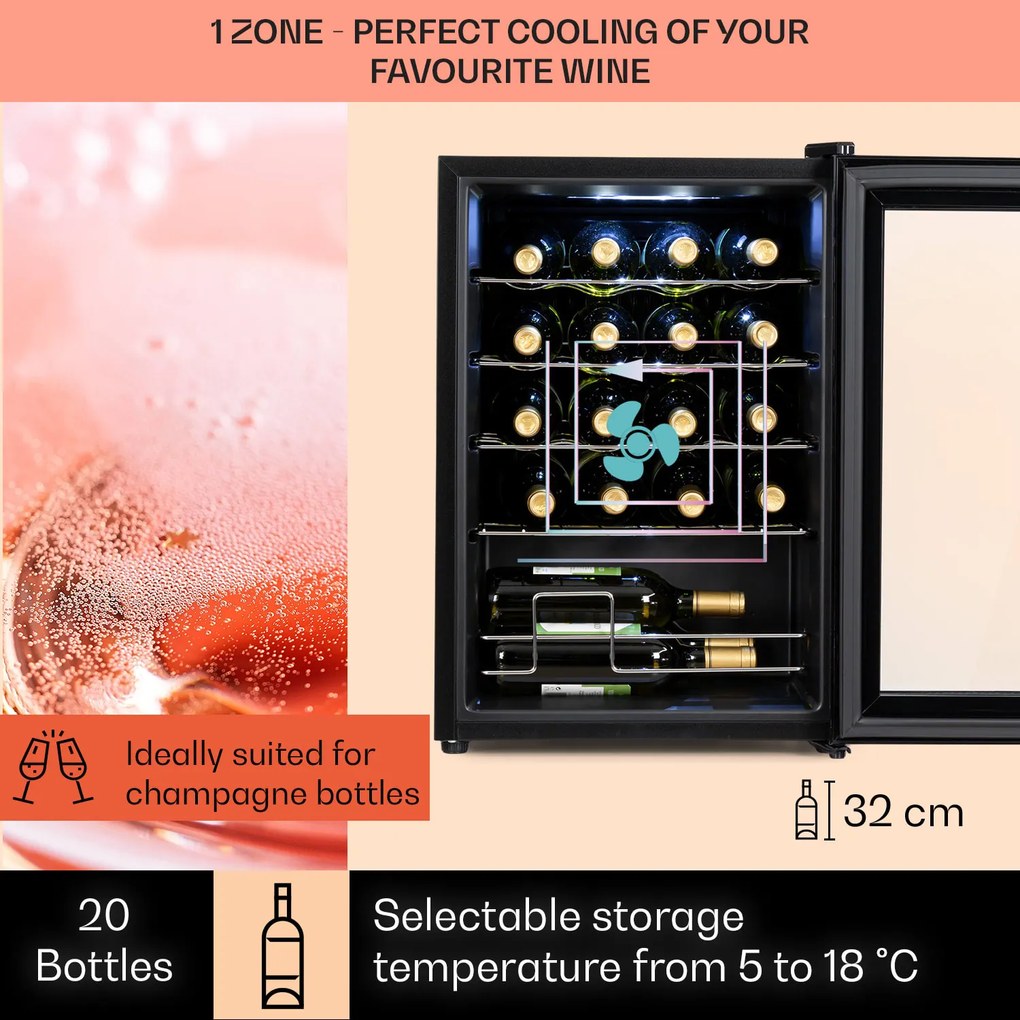 Klarstein Shiraz 20 Uno, vinotéka, 53 l, 20 fliaš, 5-18°C, dotykový ovládací panel