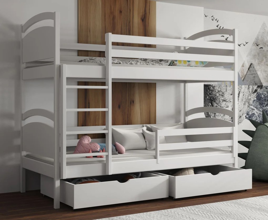 Detská poschodová posteľ z masívu borovice MARCELA so šuplíkmi - 200x90 cm - BIELA