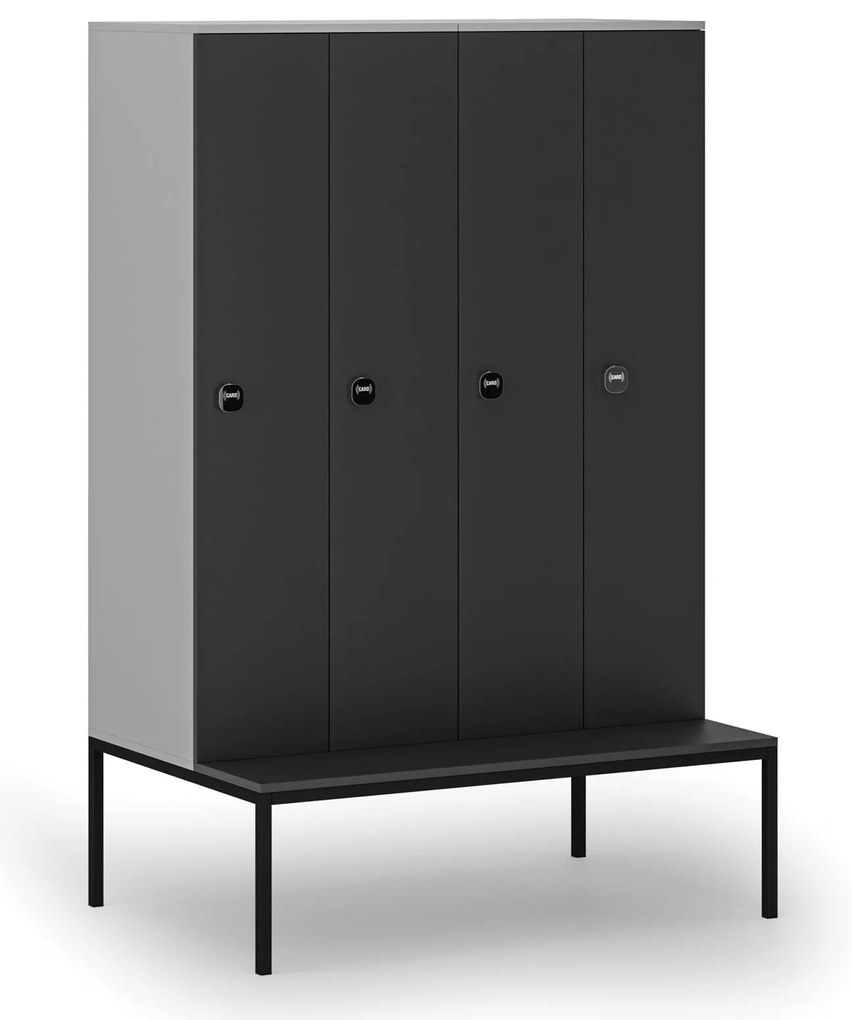 Drevená šatníková skrinka s lavičkou, 4 oddiely, 1871 x 1200 x 500/800 mm, demont, RFID zámok, sivá/grafit