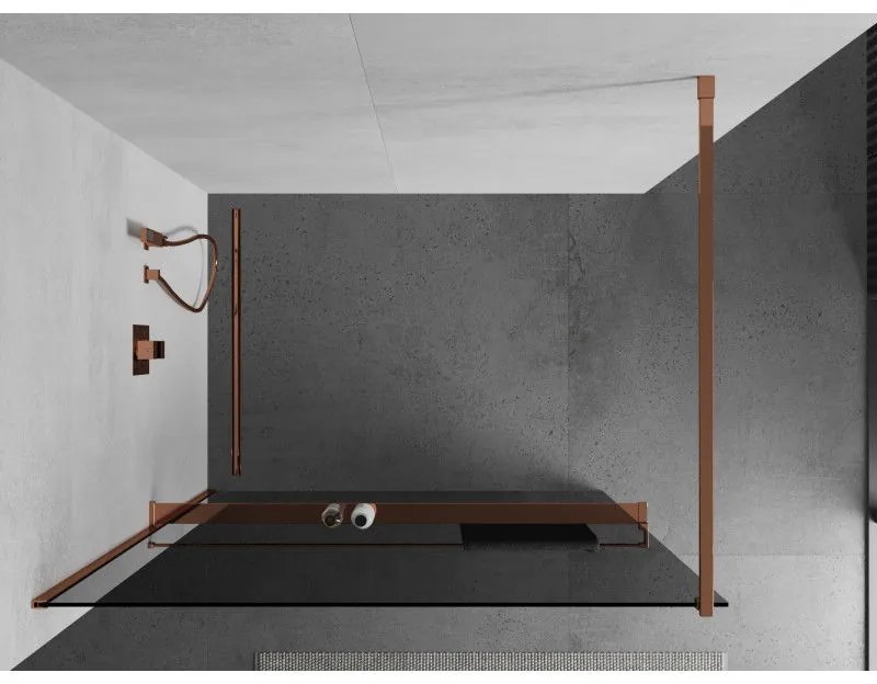 Mexen Kioto+, sprchová zástena s poličkou a držiakom na uteráky 120 x 200 cm, 8mm šedé sklo, profil ružové zlato, 800-120-121-60-40