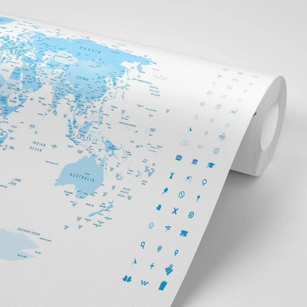 Samolepiaca tapeta detailná mapa sveta v modrej farbe - 150x100