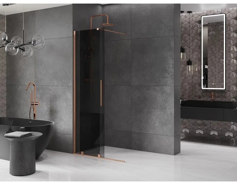 Mexen Velar, sprchová zástena s posuvnými dverami Walk-in 75 x 200 cm, 8mm šedé sklo, medená matná, 871-075-000-43-65