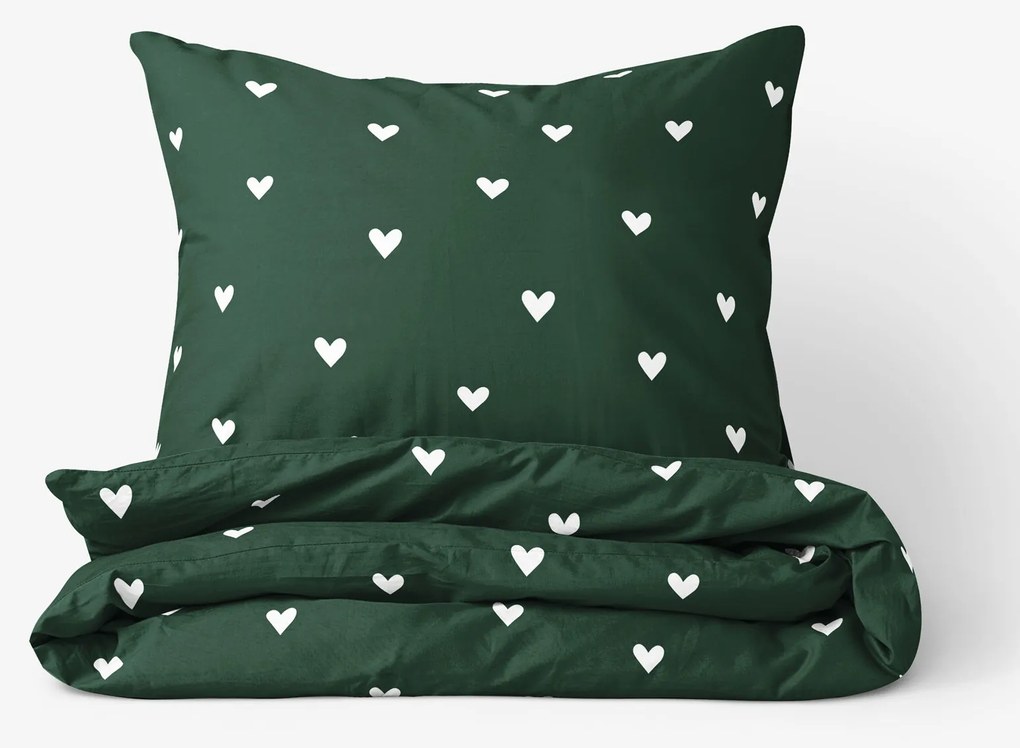Goldea bavlnené posteľné obliečky - srdiečka na tmavo zelenom 140 x 220 a 70 x 90 cm