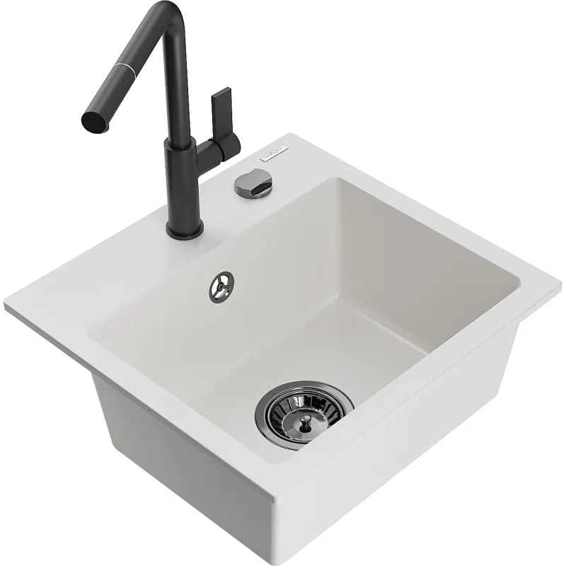 Mexen Milo, 1-komorový granitový drez 435x410x171 mm a drezová batéria Flora, biela, 6505-20-670401-70-B
