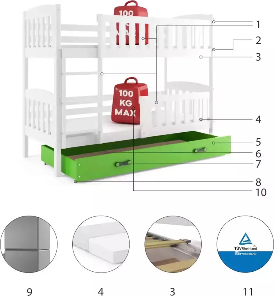 Poschodová posteľ KUBO 200x90 | biela - zelená