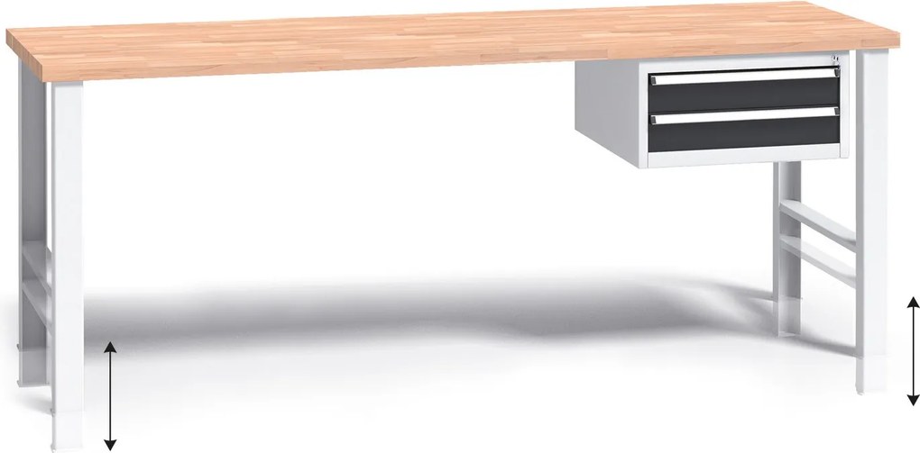 Výškovo nastaviteľný pracovný stôl do dielne G3 so závesným boxom na náradie, buková škárovka, 2 zásuvky, 2000 x 685 x 840 - 1050 mm, grafit