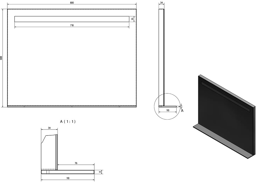 Sapho Sapho, BRETO zrkadlo s LED osvetlením a policou 800x608mm, BT080