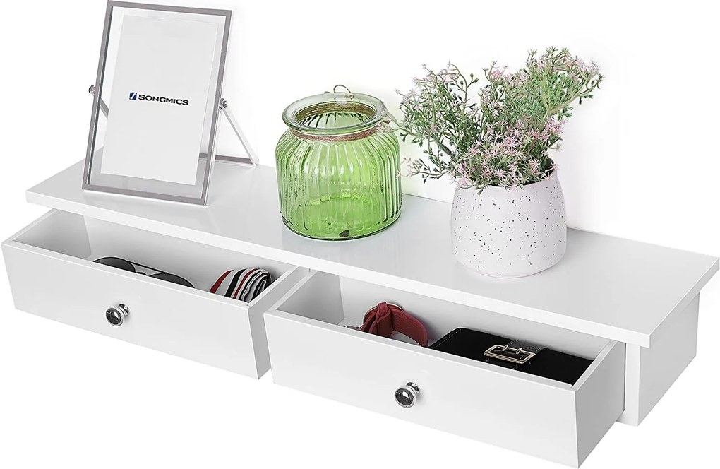 Nástenná plávajúca polica s 2 zásuvkami, lesklý povrch, biela