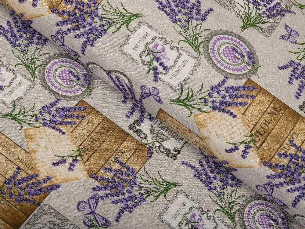 Biante Dekoračný obdĺžnikový obrus PML-099 Levandule s motýlikmi a srdiečkami na béžovom 140x220 cm