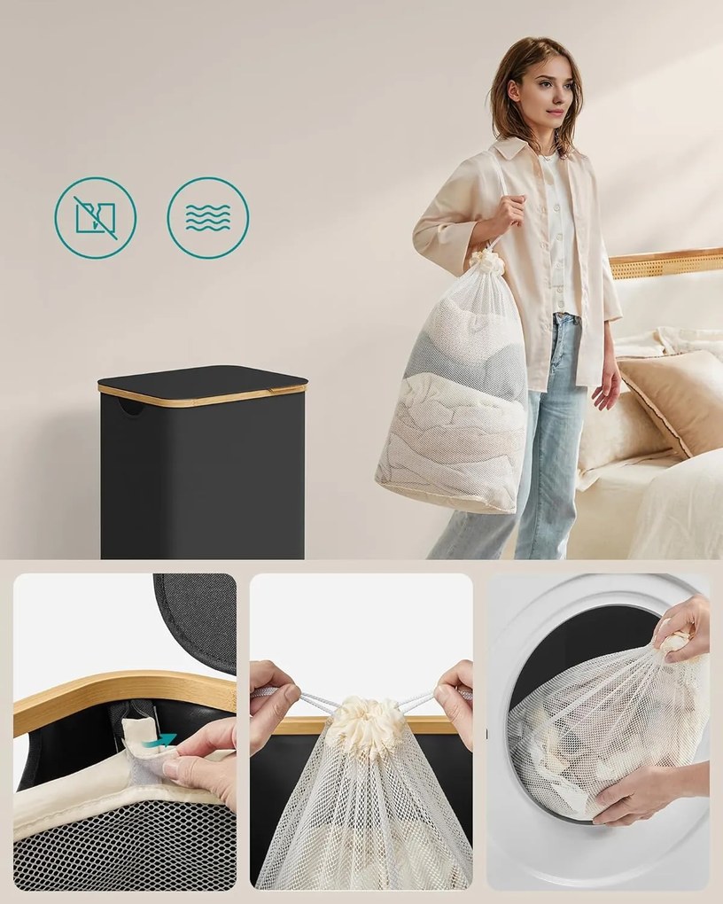 Kôš na bielizeň s vekom, veľký kôš na prádlo 90 l, skladateľný, čierny