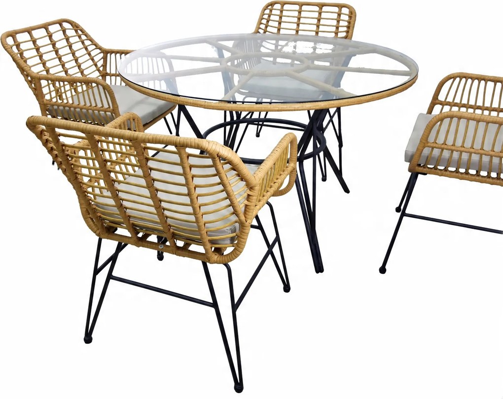 Garden Line ZÁHRADNÝ NÁBYTOK (STÔL, 4 STOLIČKY) – HNEDÝ, VANKÚŠE – ŠEDÉ *7503