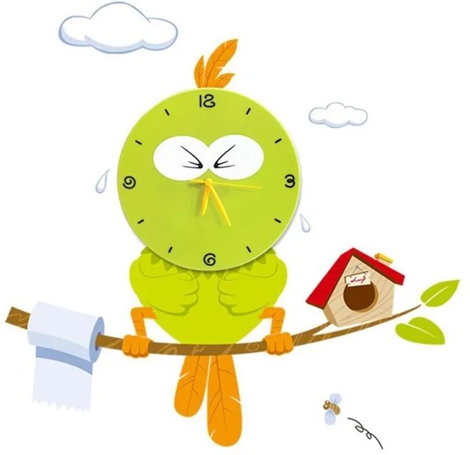 Detské nástenné svietidlo s hodinami Bird Clock, 1x zelené plastové tienidlo