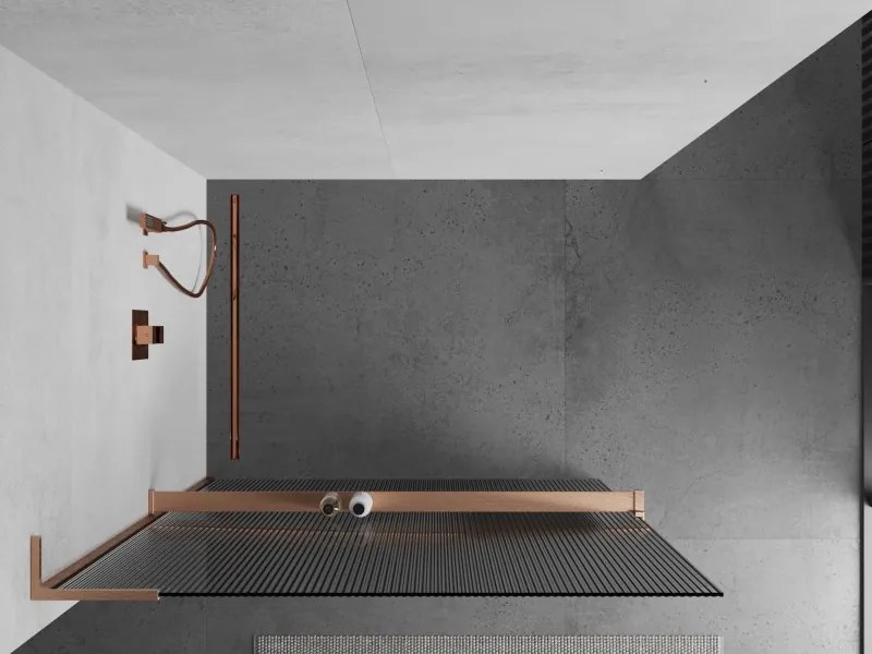 Mexen Kioto+ L, sprchová zástena Walk-In s poličkou a vešiakom 90 x 200 cm, 8mm sklo s rebrovým vzorom, medený matný profil, 800-090-123-65-09