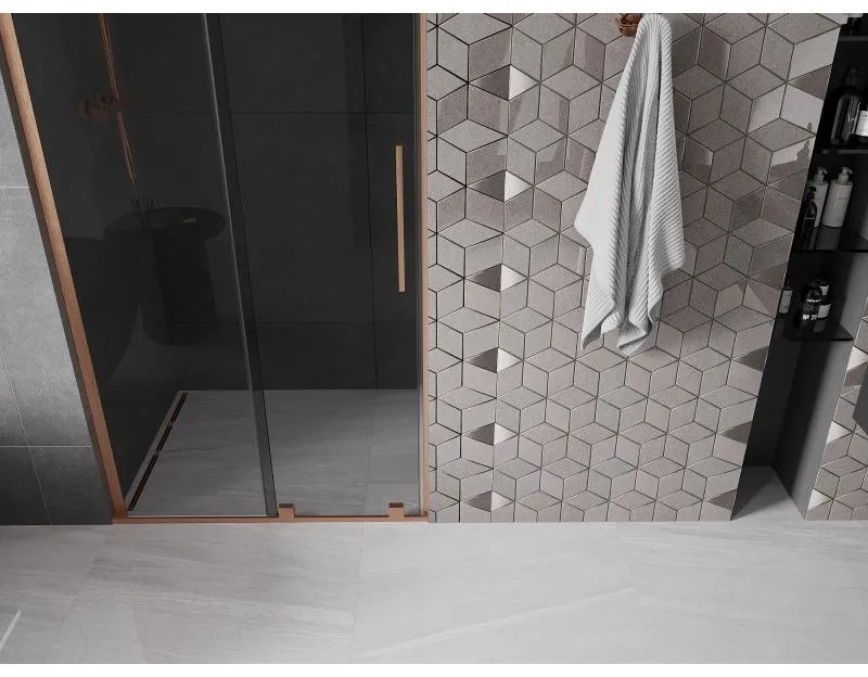 Mexen Velar L, posuvné sprchové dvere do otvoru 110 cm, 8mm šedé sklo, medená matná, 871-110-003-41-65