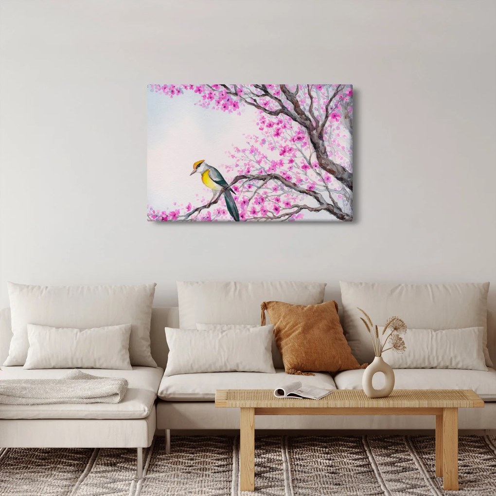 Obraz - Vtáčik na strome s ružovými kvetmi (90x60 cm)