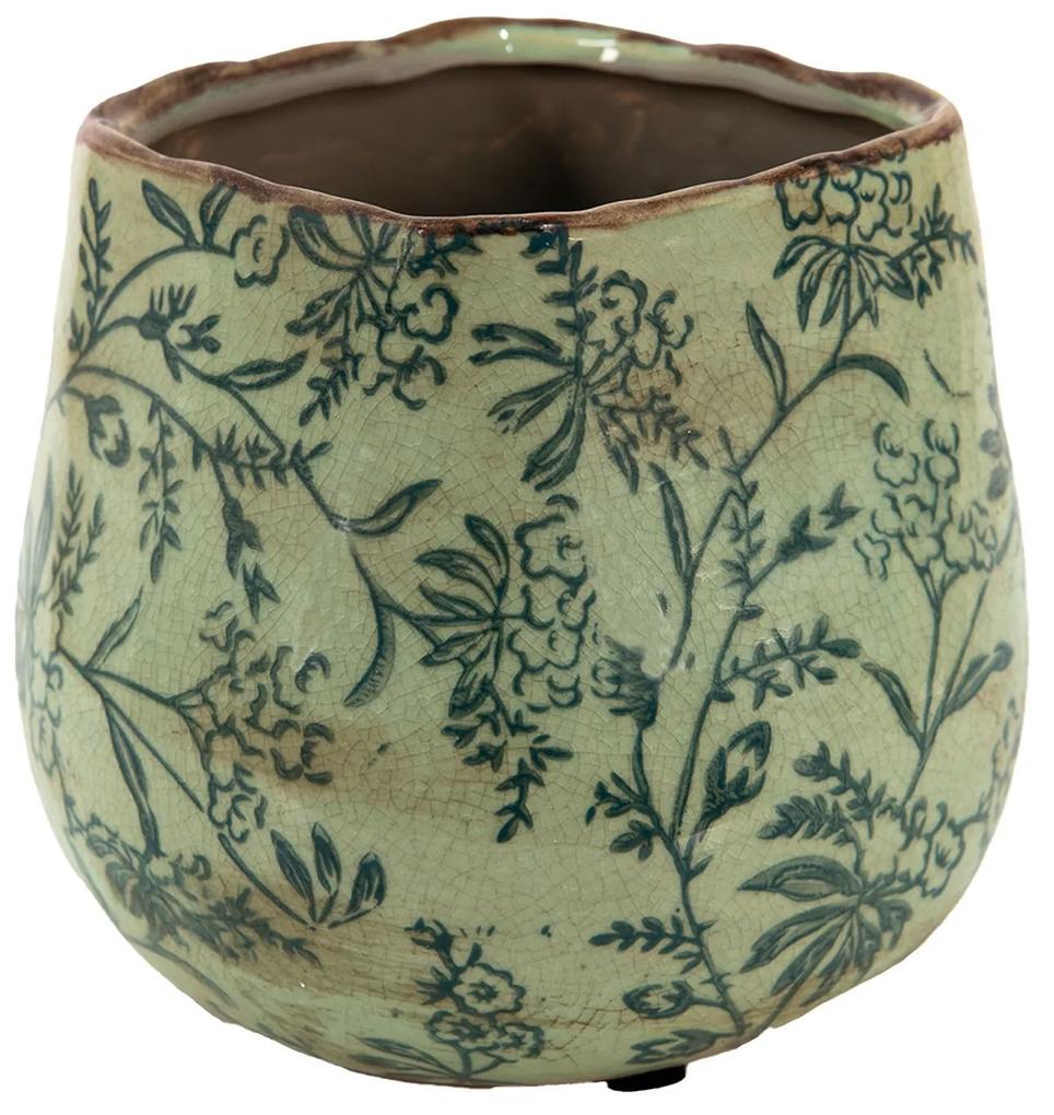 Zelený keramický obal na kvetináč s modrými kvetmi Minty - Ø 14*13 cm
