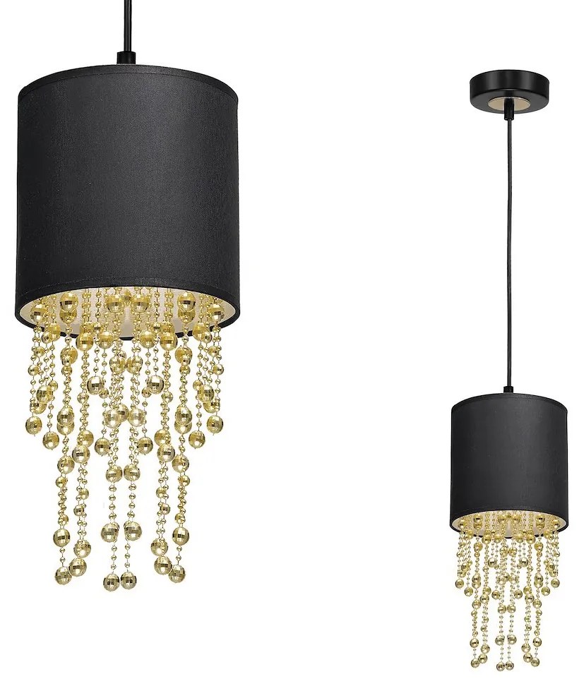 Závesné svietidlo Almeria, 1x kryštáliky/čierne textilné tienidlo, b/g