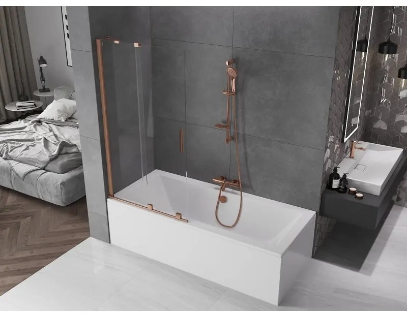 Mexen Velar, 2-krídlová posuvná vaňová zástena 90 x 150 cm, 8mm číre sklo, medená matná, 896-090-000-01-65