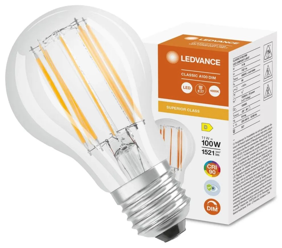 LED žiarovka E27 A60 11W = 100W 1521lm 4000K Neutrálne 300° CRI90 Stmievateľné vlákno LEDVANCE Superior