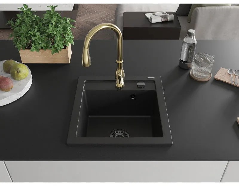 Mexen Vito, 1-komorový granitový drez 520x490x210 mm a drezová batéria Savita, čierna, 6503-77-672601-50-B