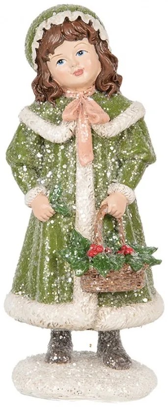 Dekorácia dievča v zelenom plášti držiaca košíček a zdobená trblietkami - 8*9*18 cm
