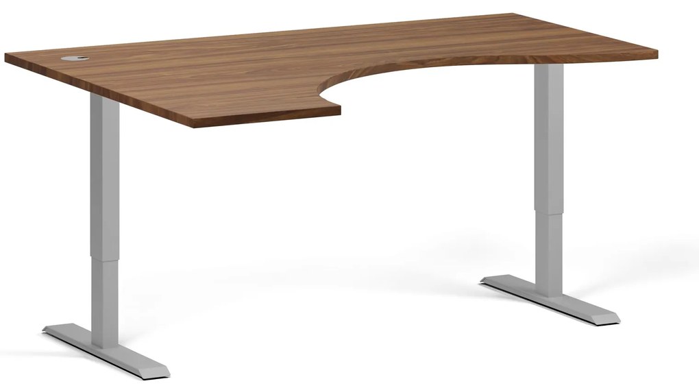 Ergonomický výškovo nastaviteľný stôl, 160x120 cm, 2 motory, L/P, sivá podnož, orech