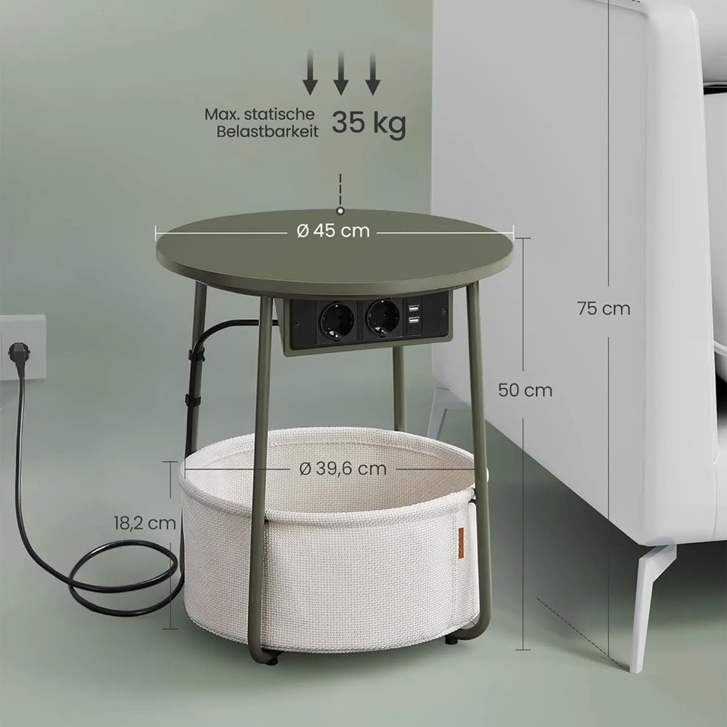 Okrúhly príručný stolík s nabíjacou stanicou, malý stolík so zásuvkou, lesná zelená a krémová biela