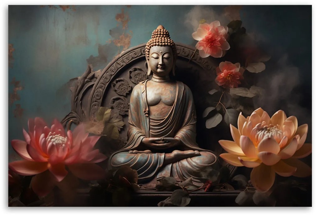 Obraz na plátně, buddha lotosový květ socha zen - 120x80 cm