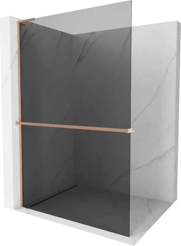 Mexen Kioto+ L, sprchová zástena Walk-In s poličkou a vešiakom 90 x 200 cm, 8mm šedé sklo, medený matný profil, 800-090-123-65-40
