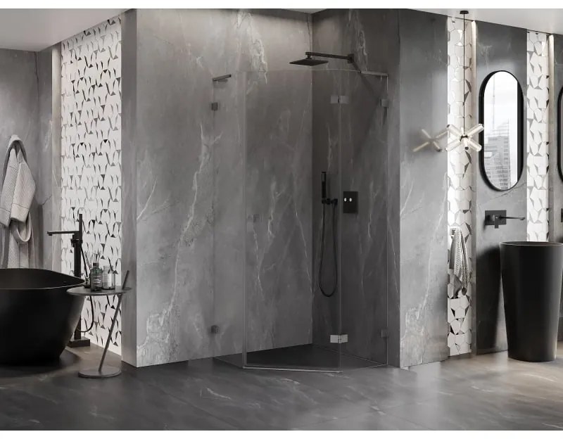 Mexen Lunar, L pravý výklopný päťuholníkový sprchový kút 90x90 cm, 8mm číre sklo, profil grafit brúsený, 831L-090P-090L-66-00-P