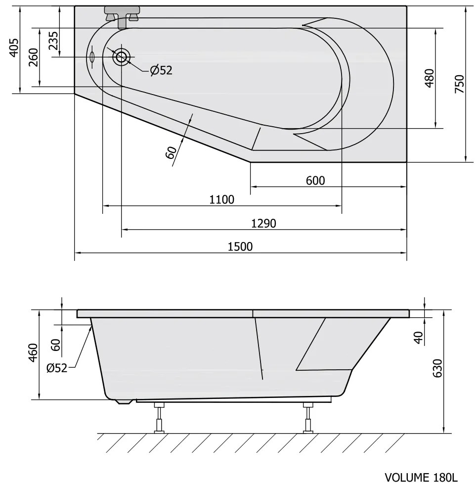 Polysan Polysan, TIGRA asymetrická vaňa 150x75x46cm, prava, biela, 72933