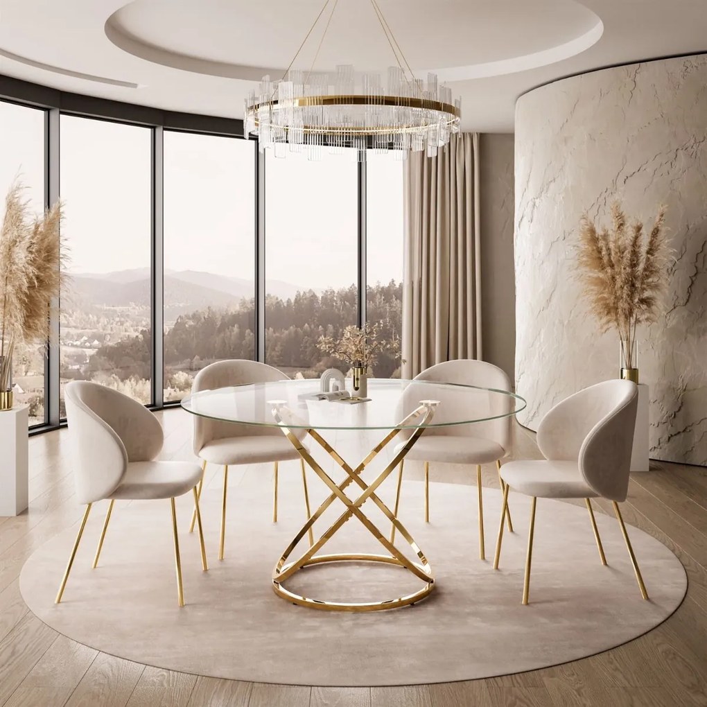 JEDÁLENSKÝ SET STÔL LEONE  ZLATÝ LESK + SKLO + 4 x STOLIČKA