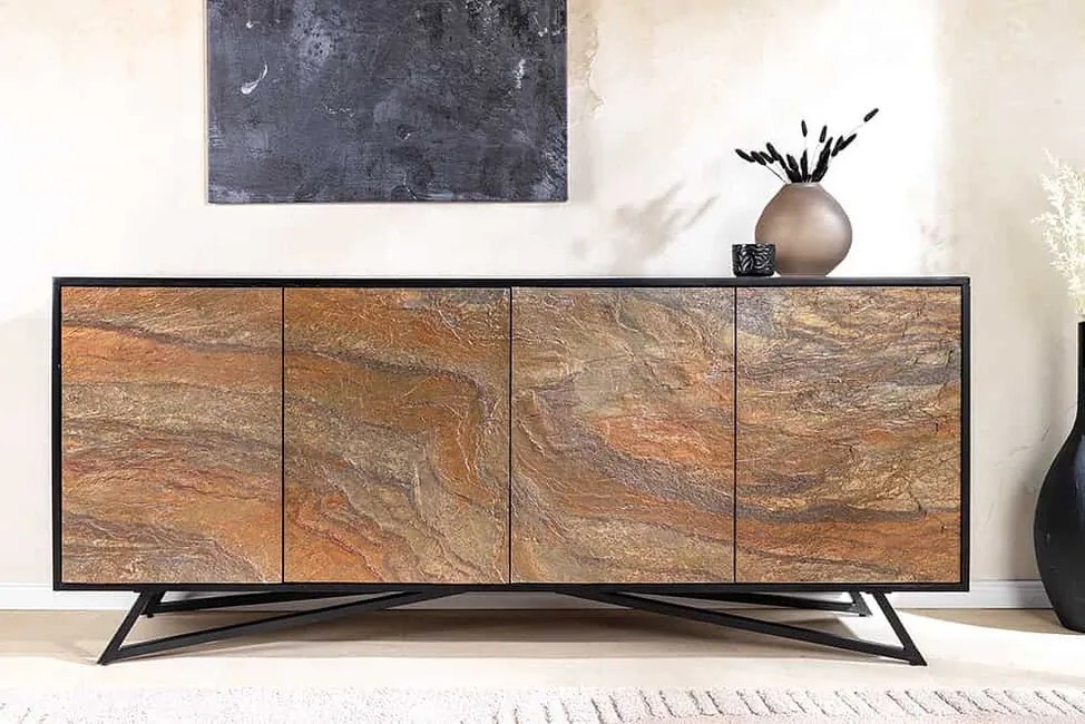 Luxusná komoda Stone z akáciového masívu a prírodného kameňa 175cm