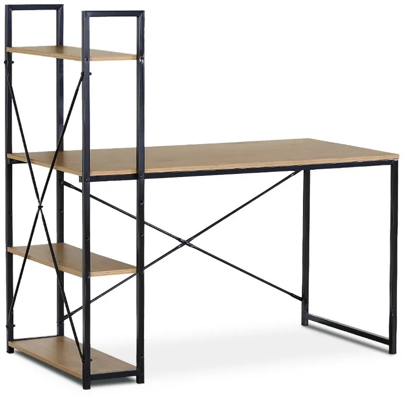 Stůl pracovní s regálem, 120x60x70cm, MDF, kov, dub, černá