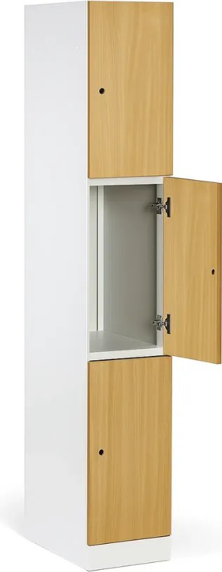 Šatníková skrinka S1 s úložnými boxmi, 3 boxy, 1850 x 300 x 500 mm, zámok s čítačkou RFID kariet, laminované dvere, dub prírodný