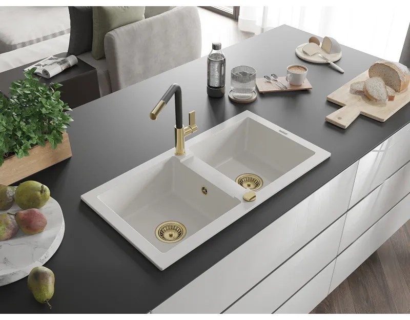 Mexen Mario, 2-komorový granitový drez 820x436x161 mm a drezová batéria Flora, biela, 6504-20-670401-57-G