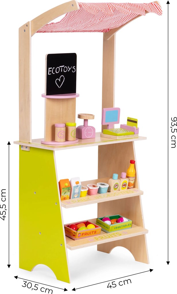 ECOTOYS Drevený detský trh s pokladňou, váhou a 20 dielmi