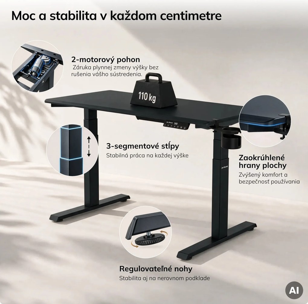 Elektrický stôl s nastavením výšky ergonomický antracitový,1200x600 mm: ARIA