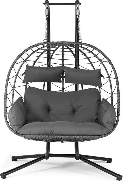 Závesné kreslo pre dvoch, sivé, s vankúšmi a podstavcom