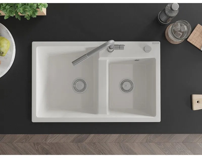 Mexen Tomas, 2-komorový granitový drez 800x500x190 mm a drezová batéria Flora, biela, 6516-20-670401-06