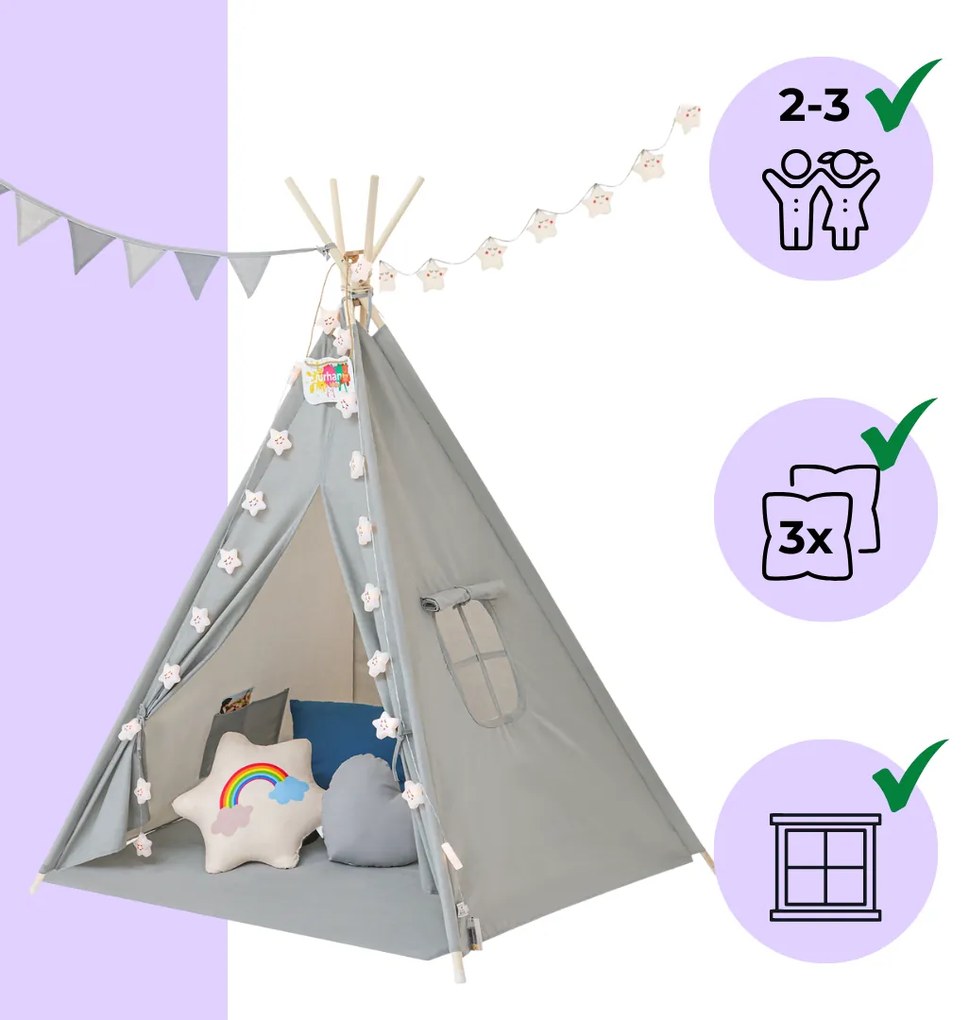 Detský stan teepee JULIUS, 120x120x160cm, šedá/modrá Jurhan