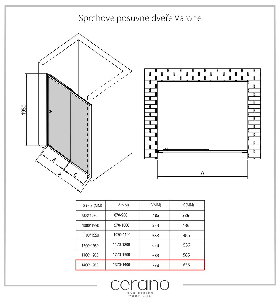 Cerano Varone, sprchovací kút s posuvnými dverami 140 (dvere) x 70 (stena) x 195 cm, 6mm šedé sklo, čierny profil, CER-CER-429706