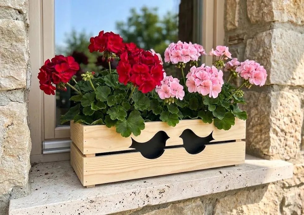 AMADEA Drevený obal na kvetináč s vtáčikmi, 52x21,5x17cm, český výrobok