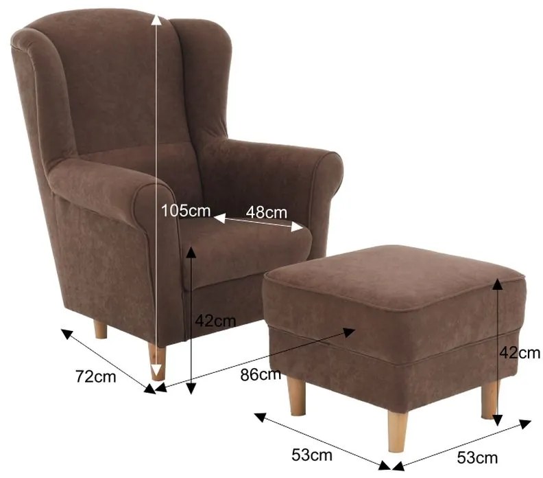Kondela Kreslo, ušiak s taburetom, hnedá látka, ASTRID