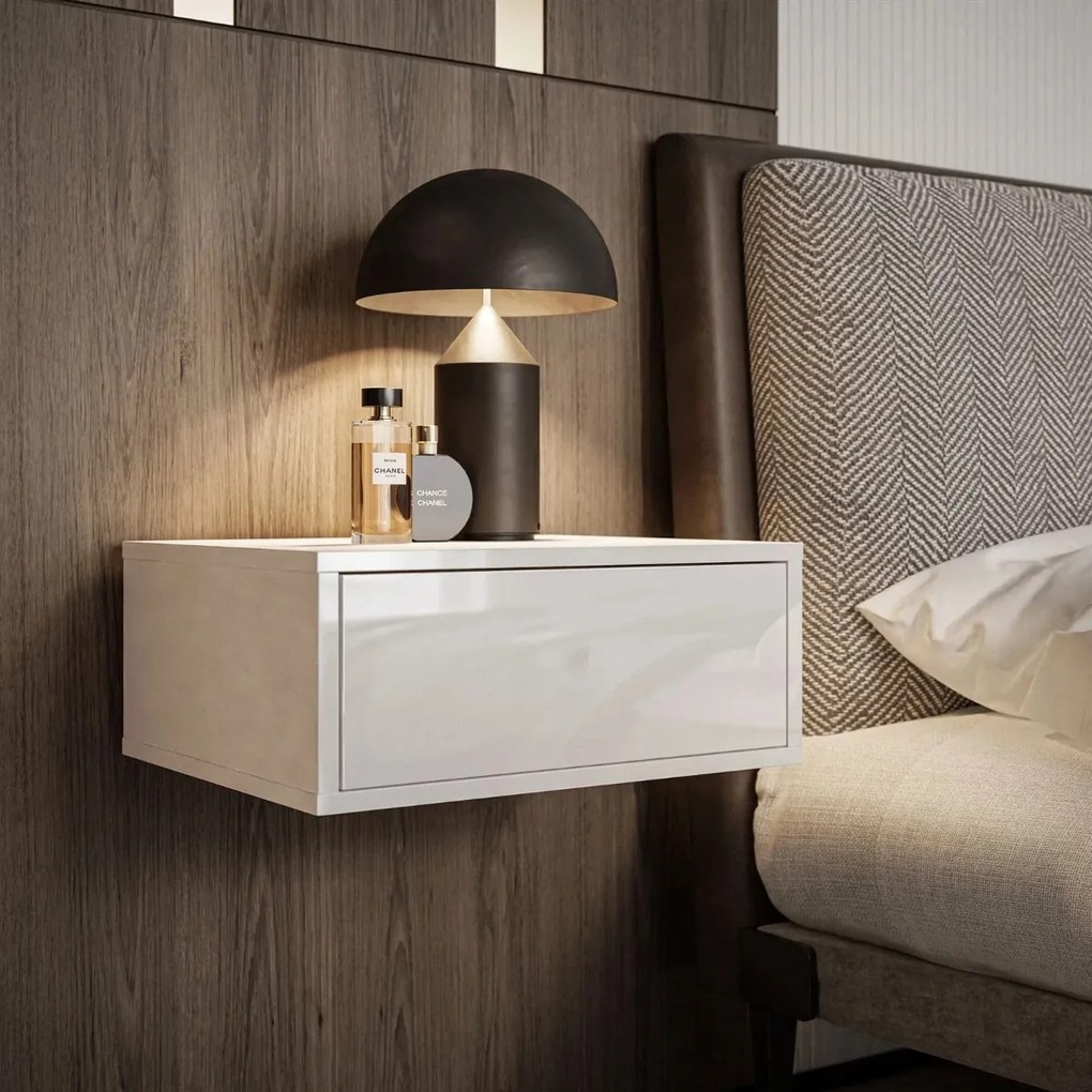 NOČNÝ STOLÍK EDWARD BIELY VYSOKÝ LESK ZÁVESNÝ