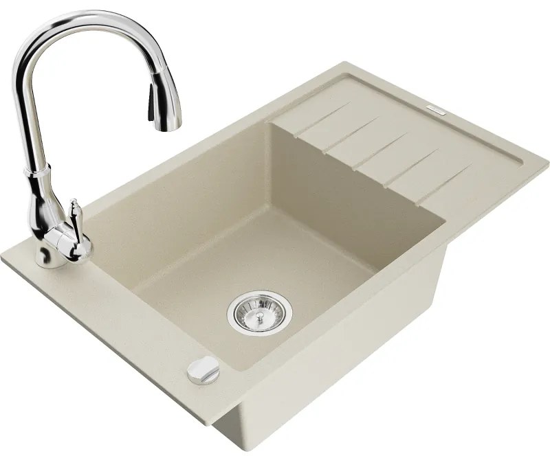 Mexen Elias, 1-komorový granitový drez 795x480x200 mm a drezová batéria Savita, béžová, 6511-69-672601-00