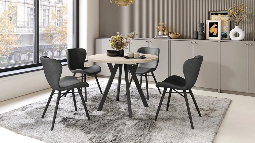 ALMO 100 Béžový/čierne nohy - OKRÚHLY LOFTOVÝ/INDUSTRIÁLNY ROZKLADACÍ STÔL DO OBÝVAČKY/JEDÁLNE