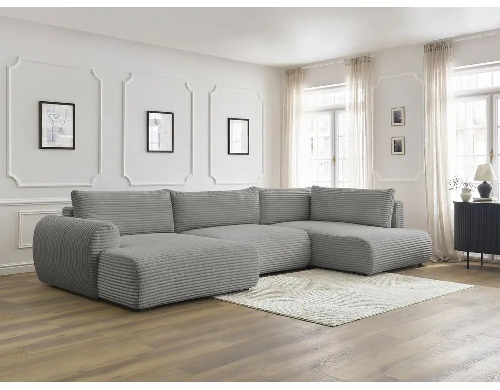 Tmavosivá menčestrová rozkladacia/s úložným priestorom rohová pohovka (pravý roh/do tvaru "U") Lucien – Bobochic Paris