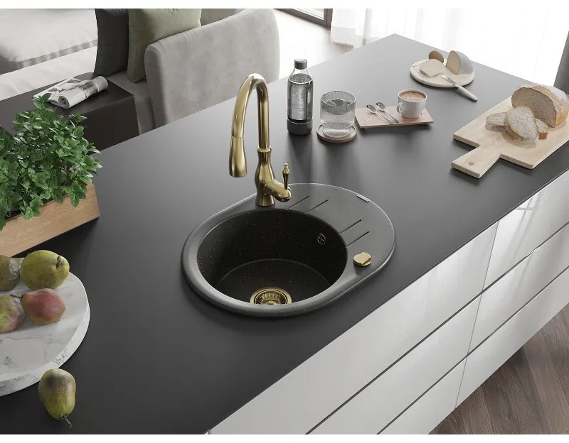Mexen Kevin, granitový drez 586x458x190 mm, 1-komorový a drezová batéria Savita, čierna-zlatá metalíza, 6517-75-672601-50