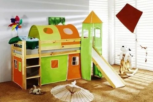 Detská vyvýšená posteľ so šmýkačkou DOMČEK zelenooranžovom - PRÍRODNÉ